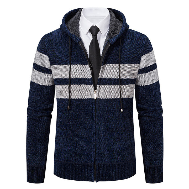 Herren nan gestrickte Kapuzenjacke mit Teddyfutter, verdecktem Reißverschluss und kontrastreifen Drune