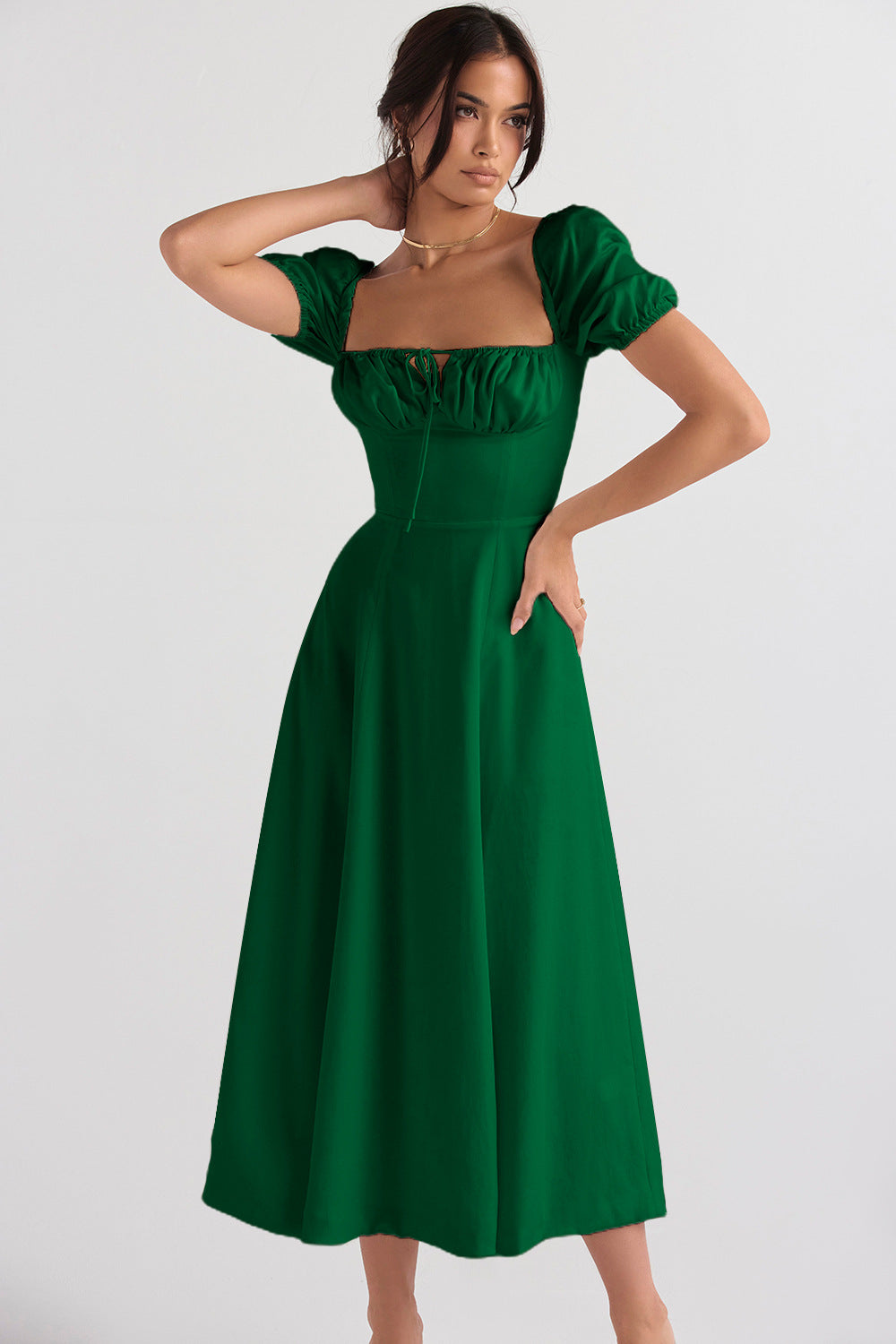 Damen Elegantes Midikleid mit Puffärmeln und raffiniertem Ausschnitt Drune