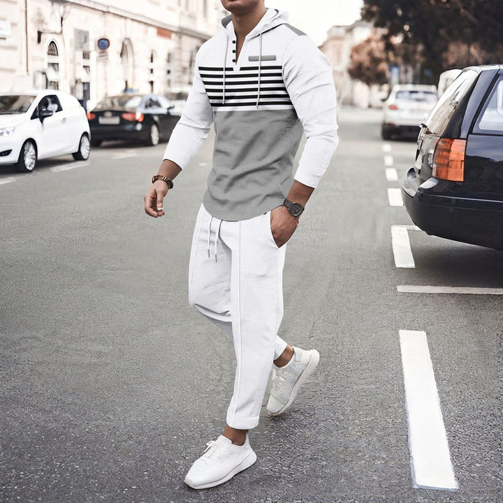 Herren nan Henley-Kapuzen-Lounge-Set mit Streifenpasse, Halbknopfleiste und konischer Jogginghose Drune