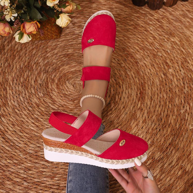 Damen  Espadrille-Keilpantoletten mit elastischem Fersenriemen, Veloursoptik-Obermaterial und geflochtenem Jute-Plateau Drune