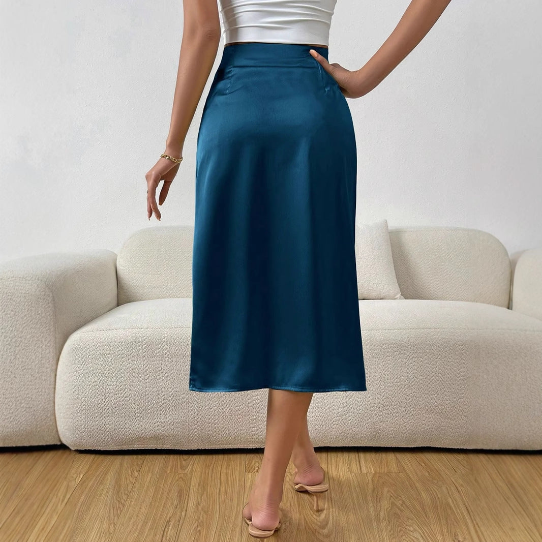 Damen Eleganter Satin-Midirock mit elegantem Schlitz und fließendem Fall Drune