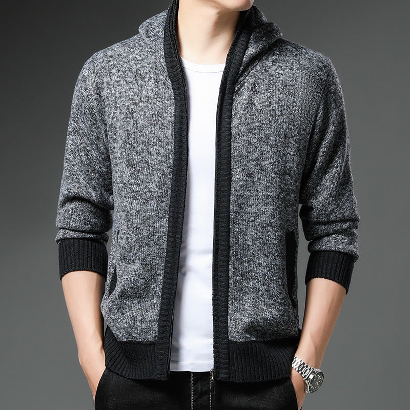 Herren Moderne Strickjacke mit Kapuze und schwarz-weißen Akzenten Drune