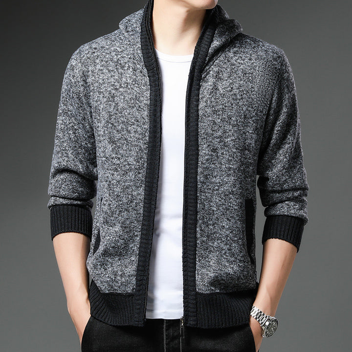 Herren Moderne Strickjacke mit Kapuze und schwarz-weißen Akzenten Drune