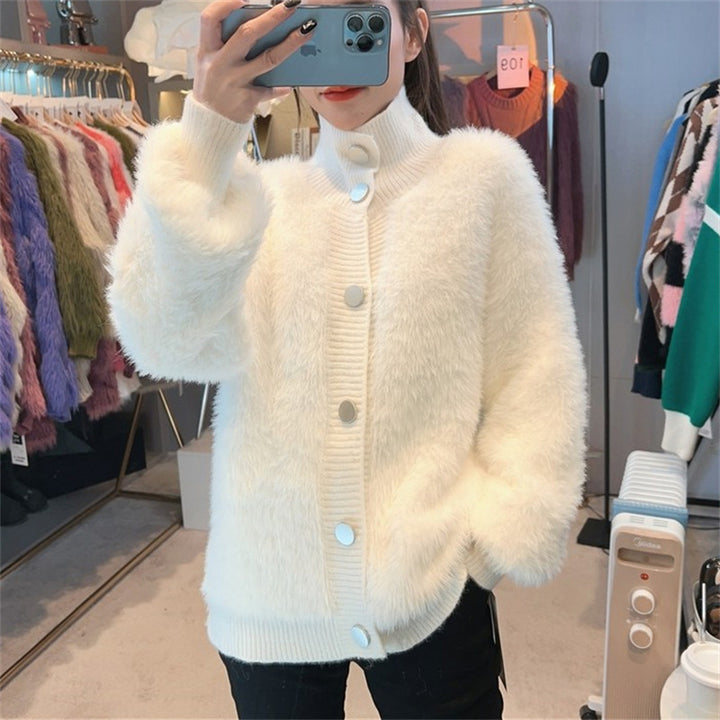 Damen kuschelige Strickjacke mit Knopfverschluss und hohem Kragen Drune
