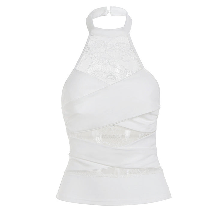 Damen Halter-Top mit elegantem Spitzenbesatz und raffinierten Rüschendetails Drune