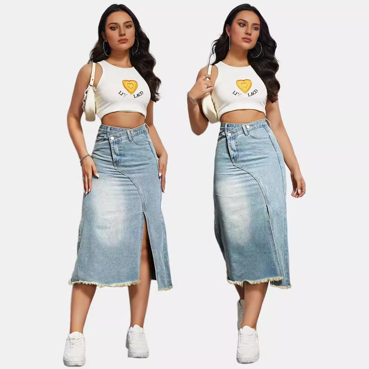 Damen Midi-Jeansrock mit hoher Taille und modischem Fransenabschluss Drune