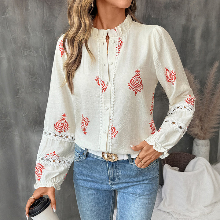 Damen Bluse mit romantischer Stickerei und Rüschendetails Drune