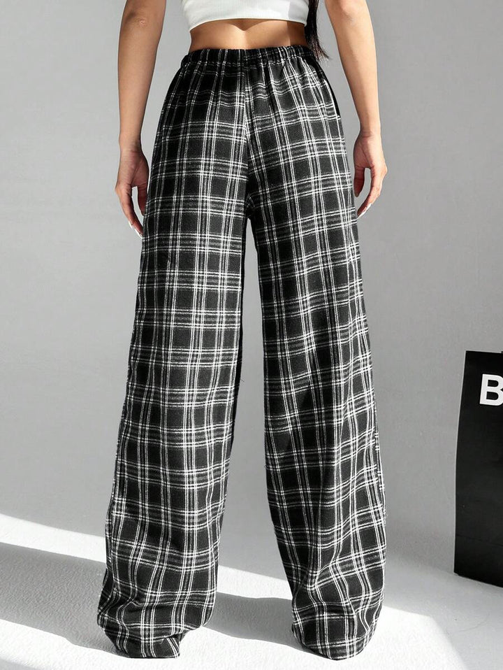 Damen lässige Karohose mit elastischem Bund und Kordelzug Drune