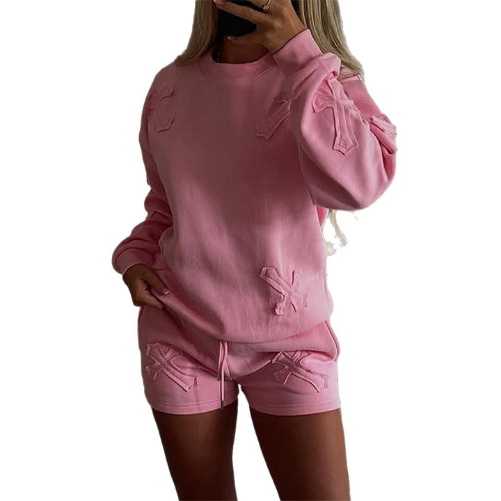 Damen nan lässiges Sweatshirt- und Short-Set mit dekorativen Schleifen-Applikationen, hohem Rundhalsausschnitt und Tunnelzugbund Drune