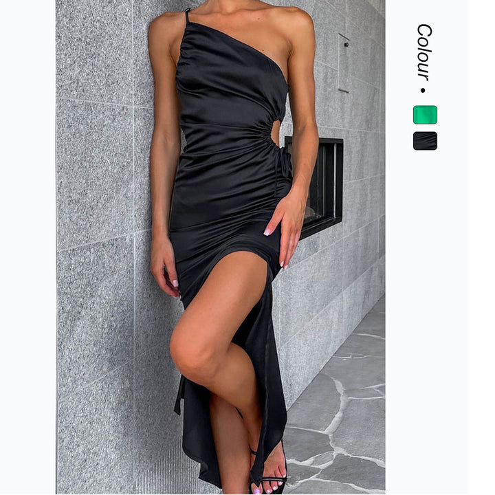 Damen Elegant Drapiertes Maxikleid mit asymmetrischem Schnitt und hohem Schlitz Drune