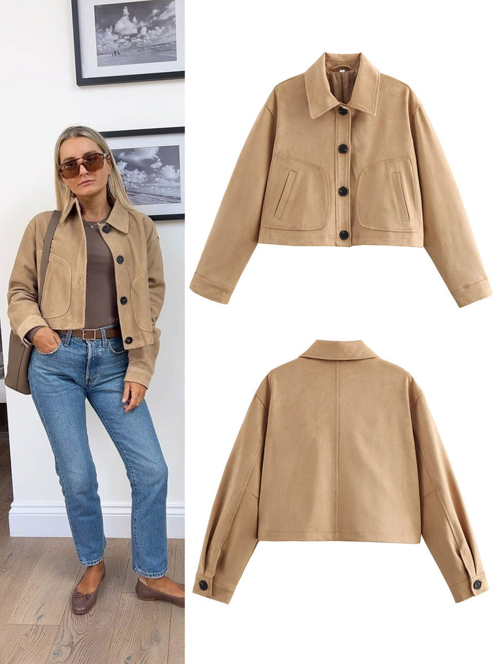 Damen cropped Jacke aus hochwertigem Wildlederimitat mit großen Taschen Drune