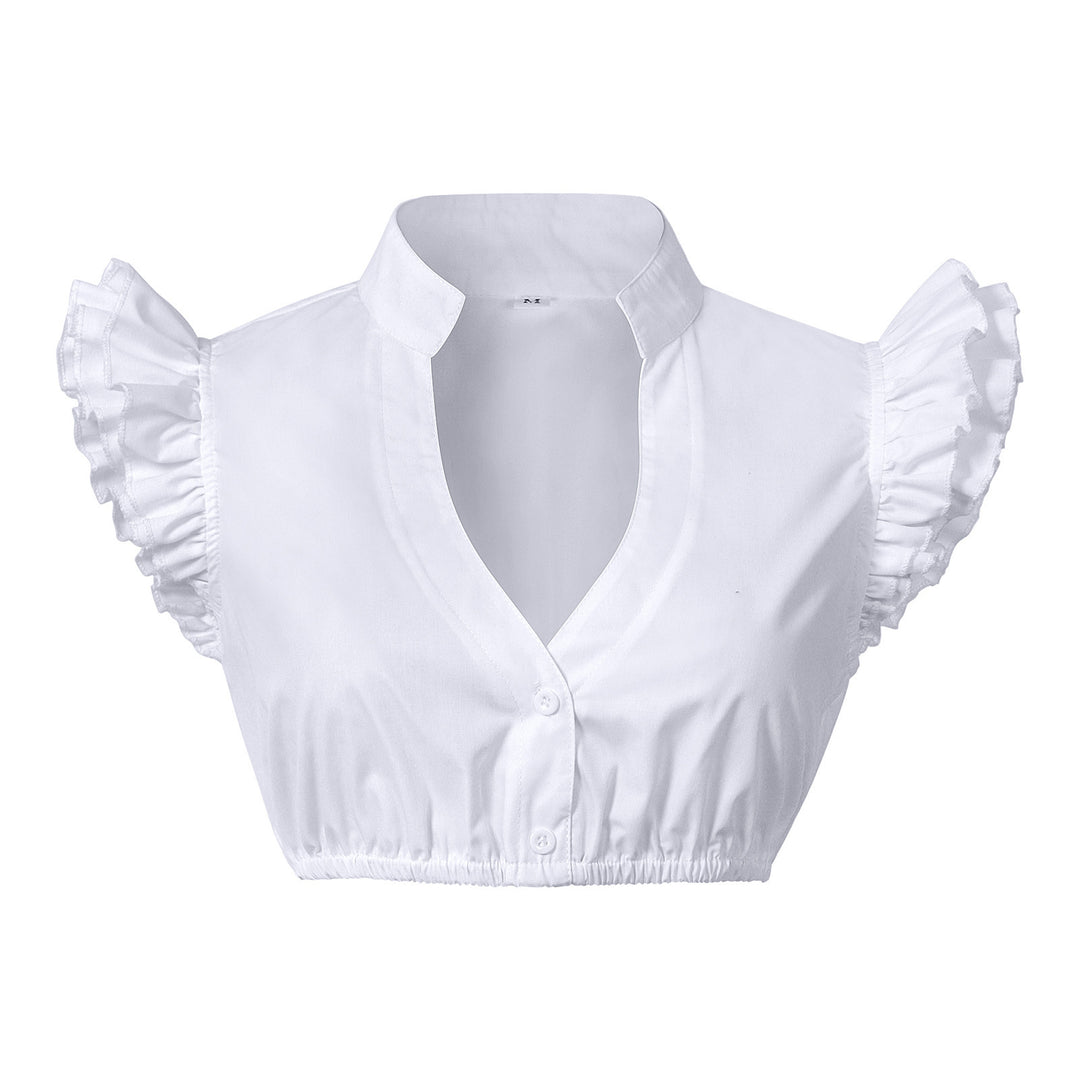Damen nan Spitzenbolero Bluse mit Stehkragen, 3/4 Ärmeln und Bindeband Drune