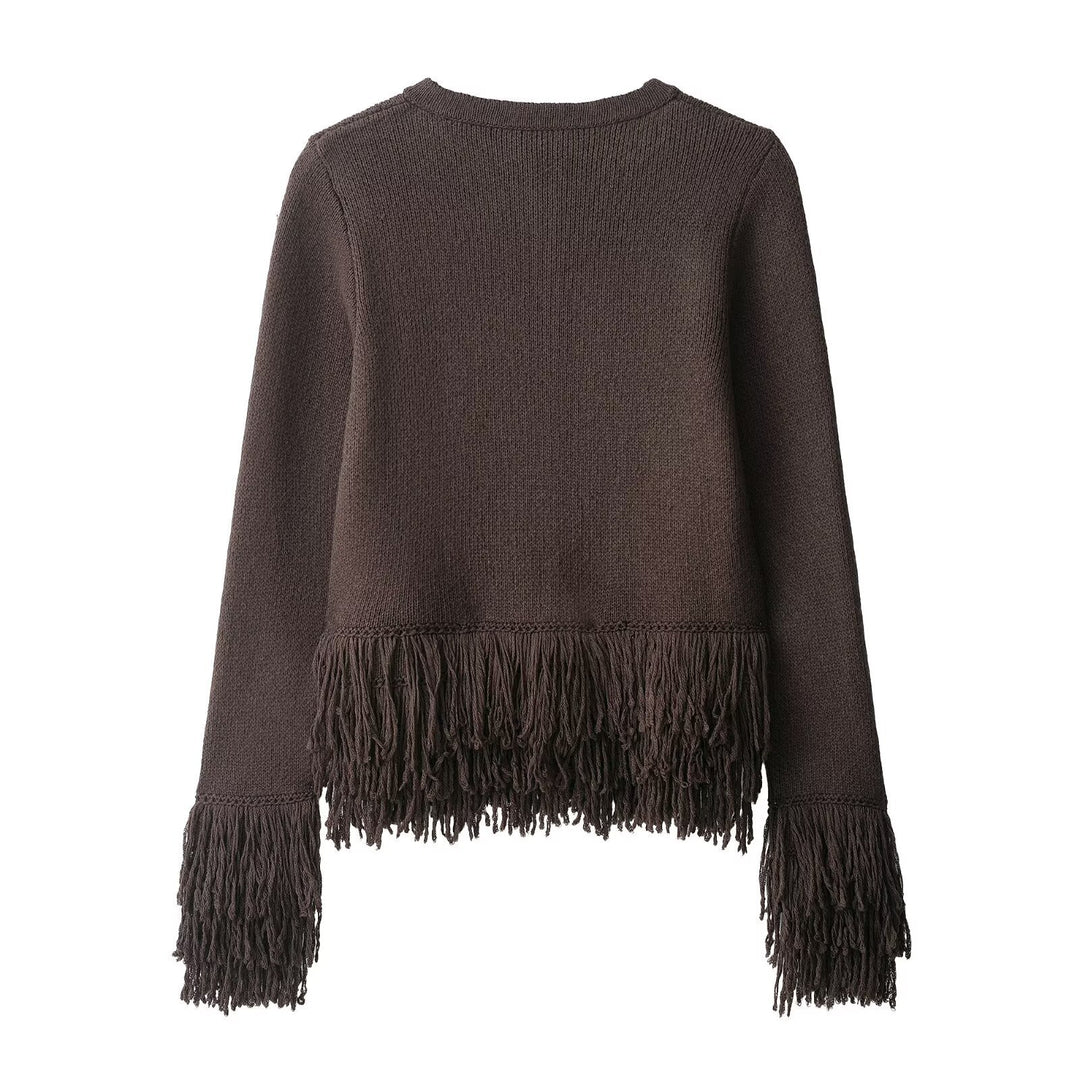 Damen Fransen Strickjacke mit eleganter Knopfverschlusstechnik Drune