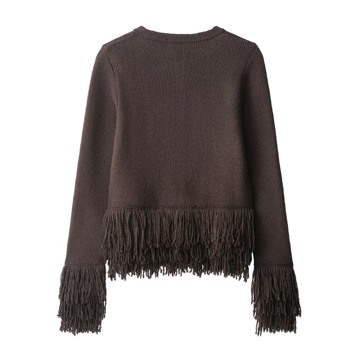 Damen Fransen Strickjacke mit eleganter Knopfverschlusstechnik Drune