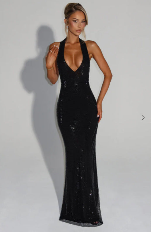 Damen Glitzerndes Abendkleid mit tiefem V-Ausschnitt und figurbetontem Schnitt Drune