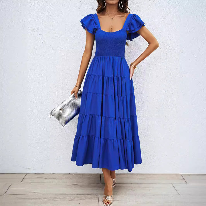 Damen Maxi-Kleid mit voluminösen Puffärmeln und gerafftem Oberteil Drune