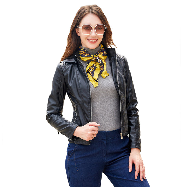 Damen stilvolle Kunstlederjacke mit hochabschließendem Kragen und elastischen Bündchen Drune