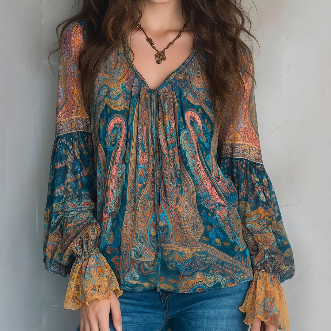 Damen Boho-Chic Bluse mit geflammten Ärmeln und V-Ausschnitt Drune