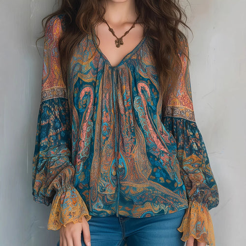 Damen Boho-Chic Bluse mit geflammten Ärmeln und V-Ausschnitt Drune