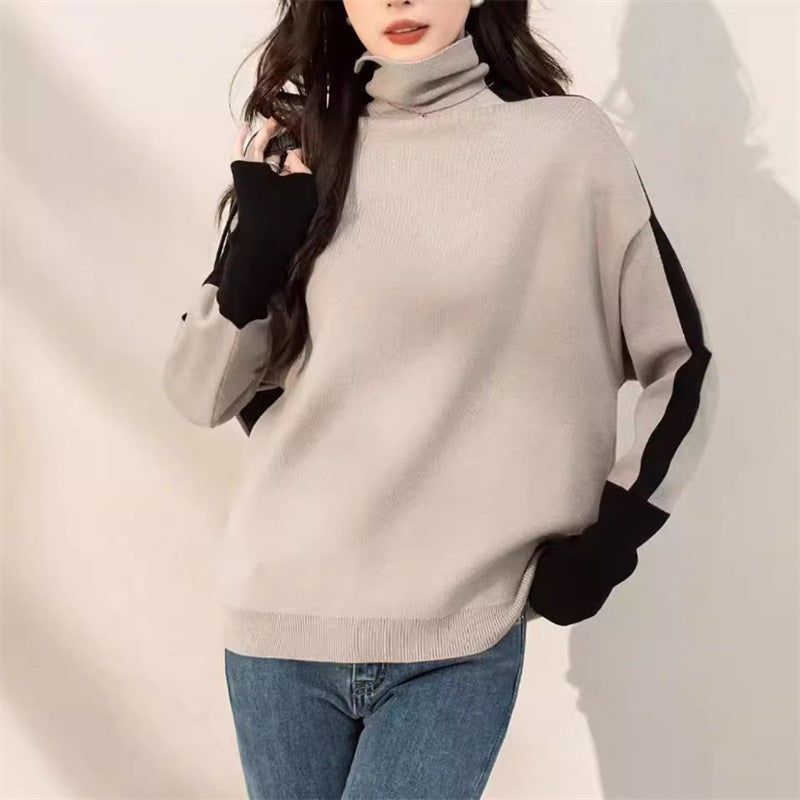 Damen Oversized Pullover mit modernem Rollkragen und kontrastierenden Ärmelakzenten Drune