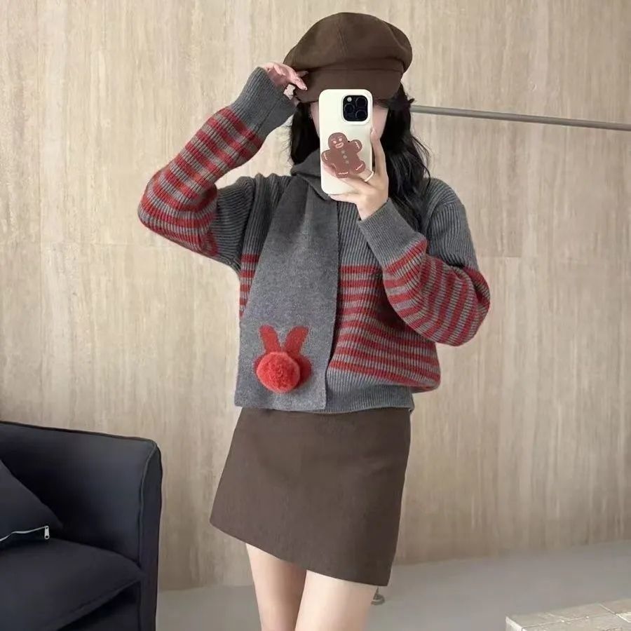 Damen gemütlicher Strickpullover mit hohem Kragen und auffälligen Streifen Drune