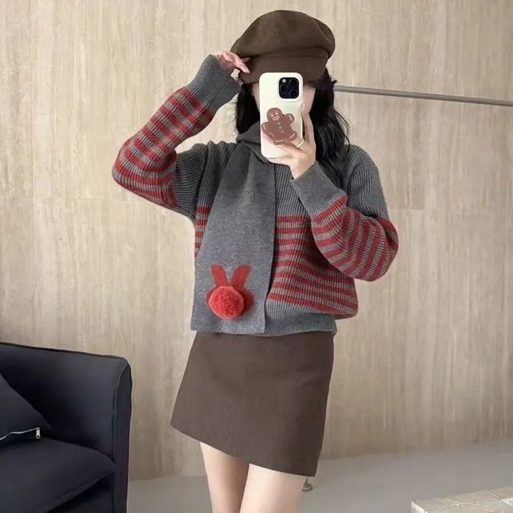 Damen gemütlicher Strickpullover mit hohem Kragen und auffälligen Streifen Drune