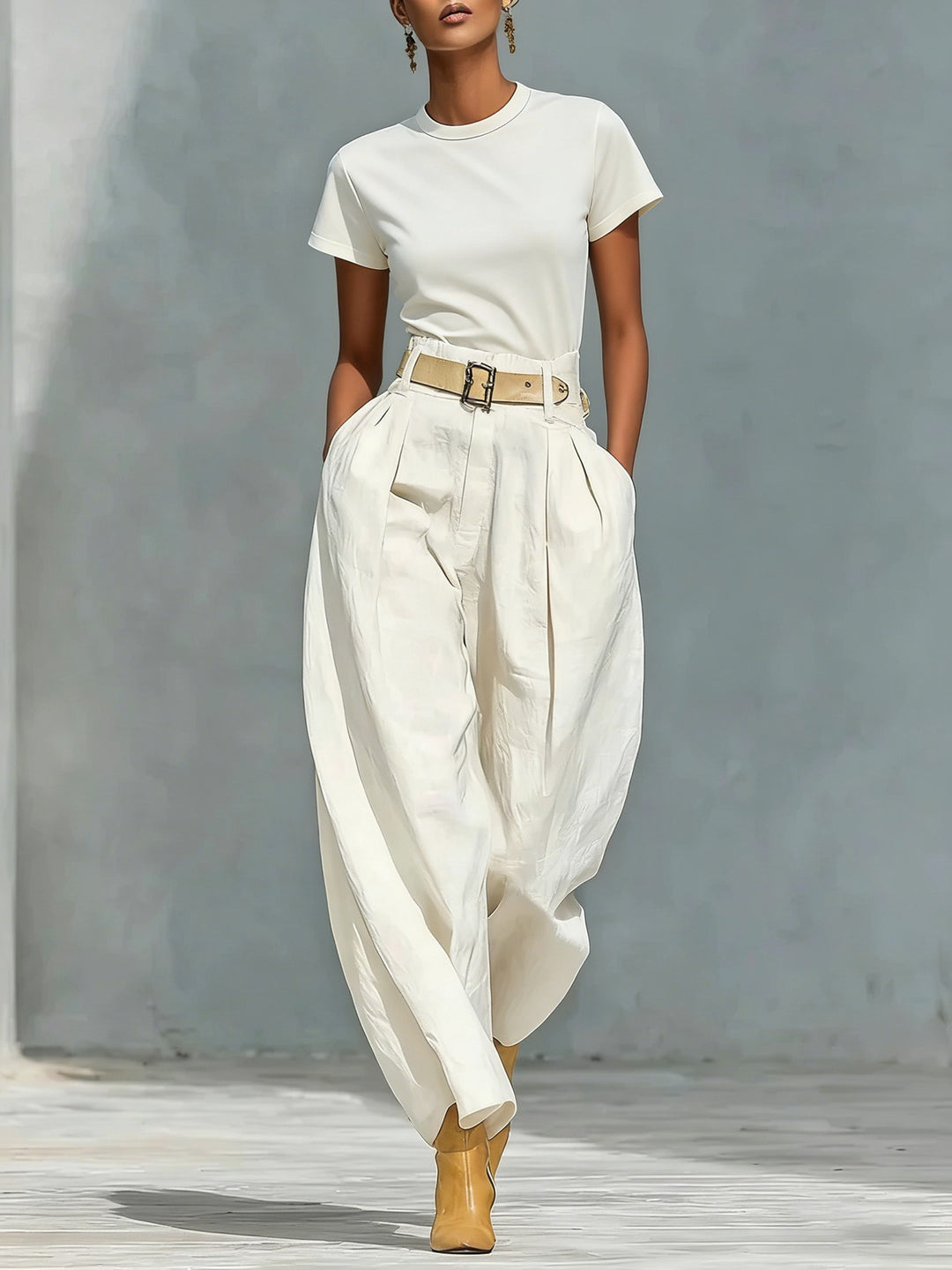 Damen Elegante Bundfaltenhose mit lockerer Passform und verstellbarem Gürtel Drune