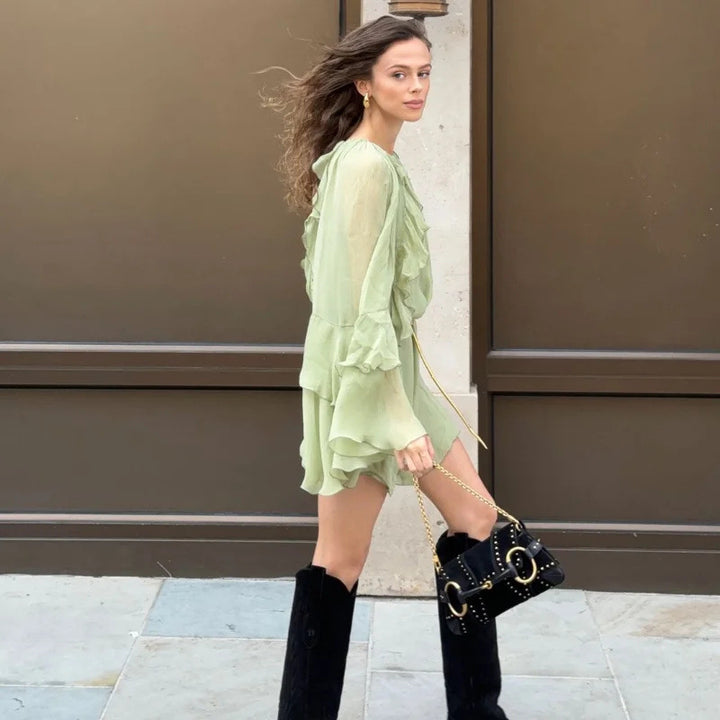 Damen fließendes Rüschenkleid mit langen Ärmeln und hohem Kragen Drune