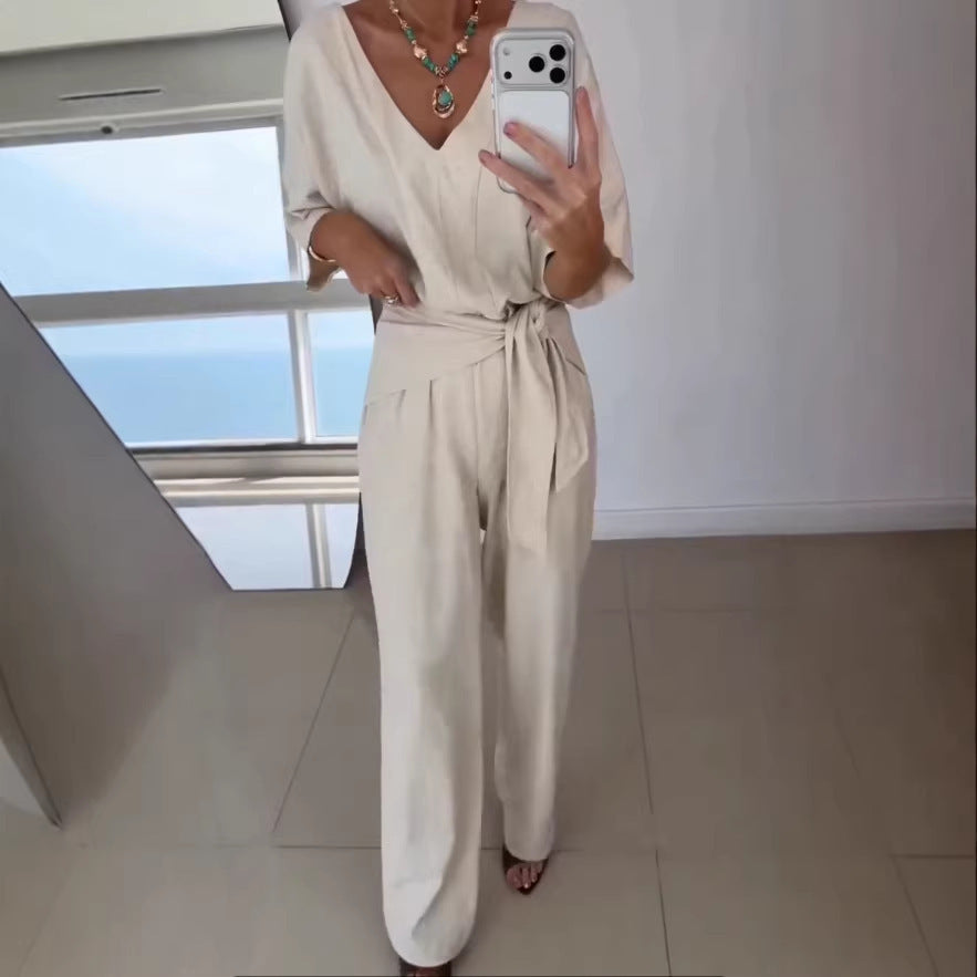 Damen Eleganter Jumpsuit mit tailliertem Schnitt und Wickelgürtel Drune