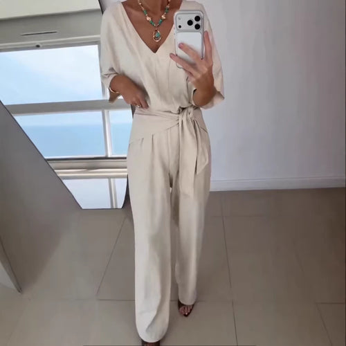 Damen Eleganter Jumpsuit mit tailliertem Schnitt und Wickelgürtel Drune