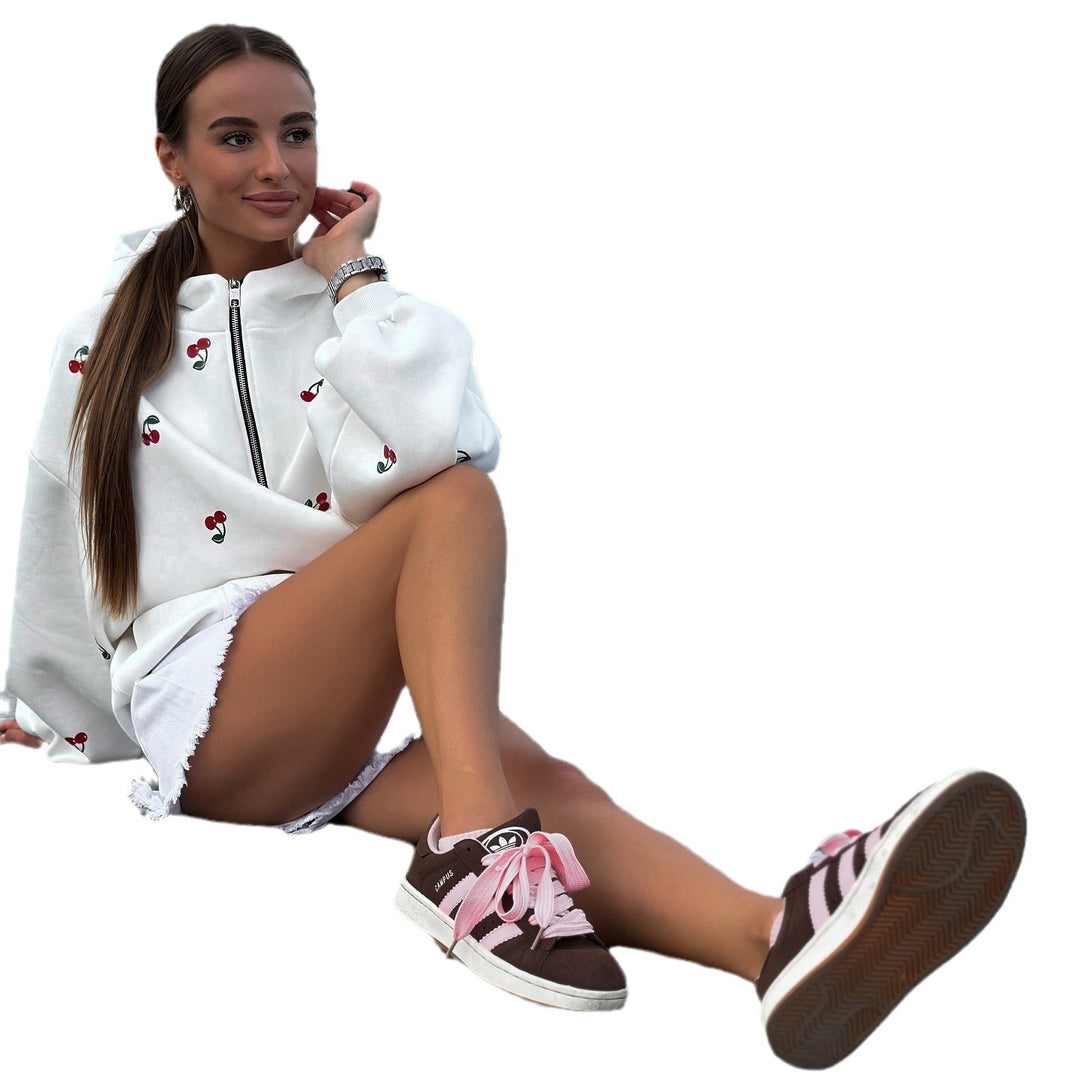 Damen Kapuzenjacke mit einzigartigem Kirschdesign und oversized Schnitt Drune