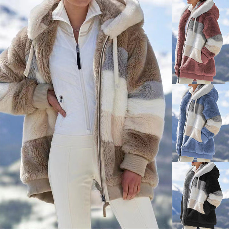 Damen nan oversized Kunstfelljacke mit Kapuze, Blockstreifen-Optik und zweifachem Reißverschluss Drune