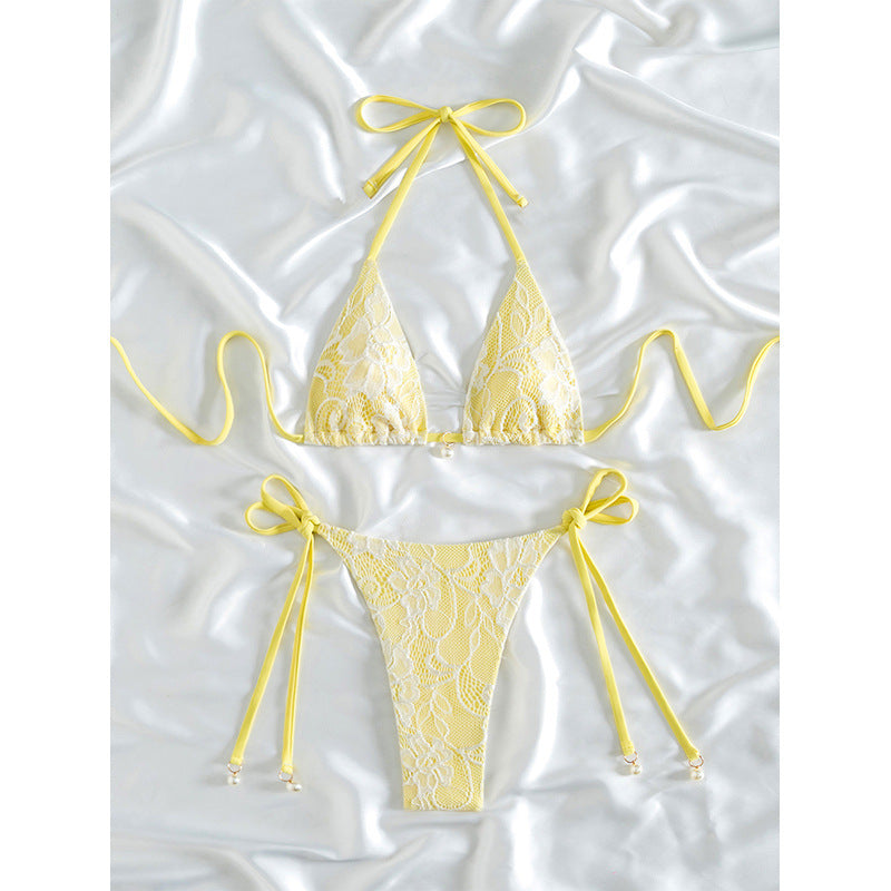 Damen Triangel-Bikini mit feinem Spitzenmuster und verspieltem Schleifendetail Drune