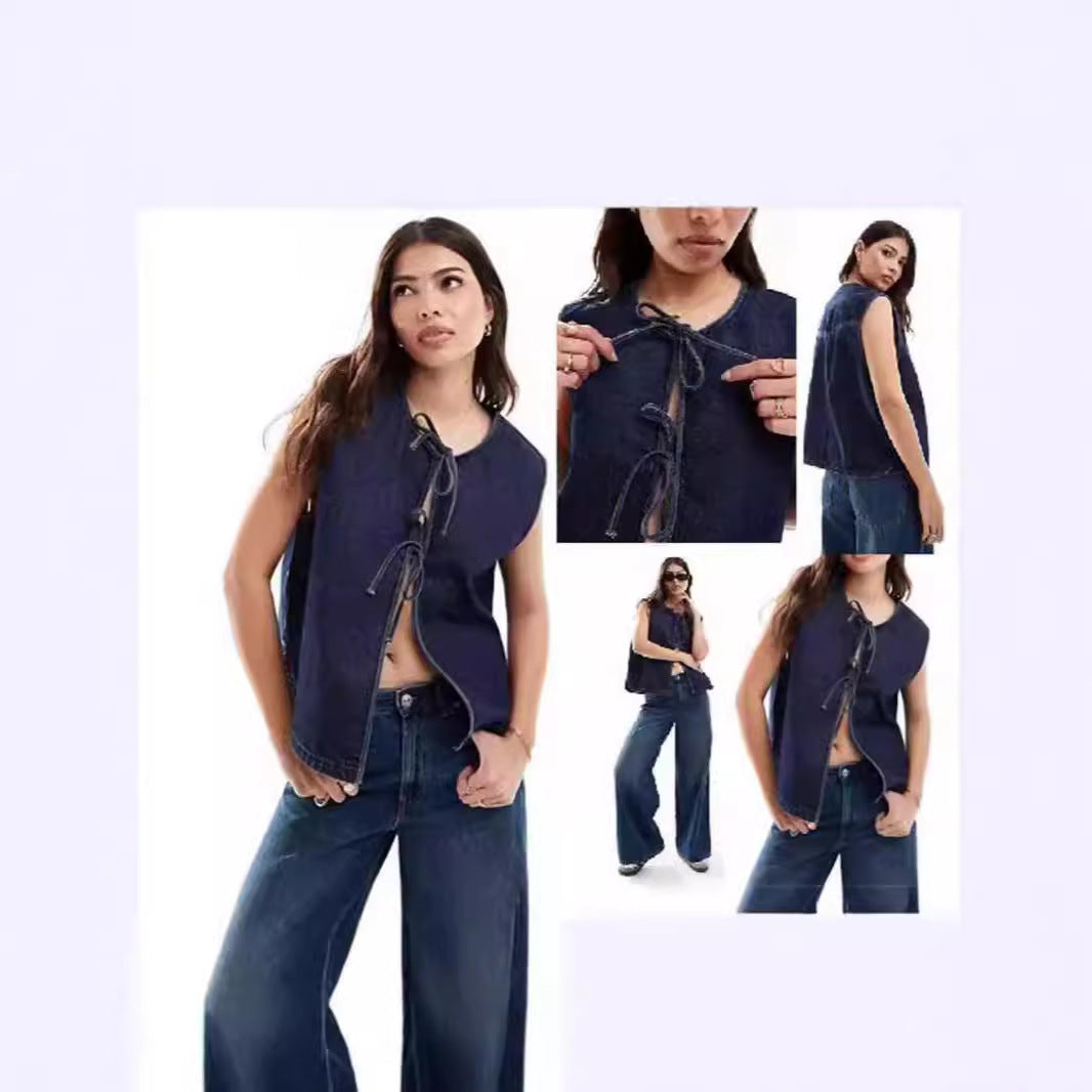 Damen Denim Bustier-Weste mit Schnürung Drune