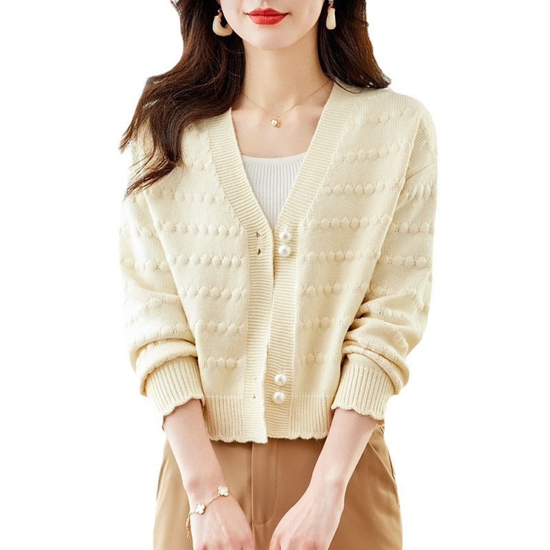 Damen kuschelige Strickjacke mit perlverzierten Knöpfen und strukturiertem Design Drune