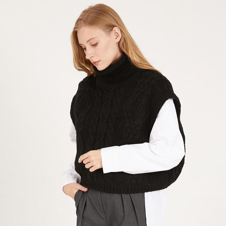 Damen modischer Strickpullover mit hohem Kragen und Zopfmuster Drune