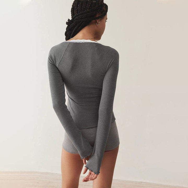 Damen Langarm Shirt mit Spitze und Knopfleiste Drune