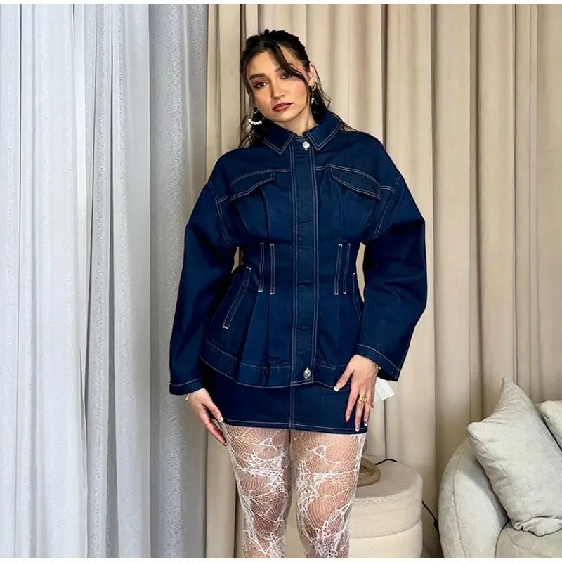Damen Modische Jeansjacke mit weiten Ärmeln und tailliertem Design Drune