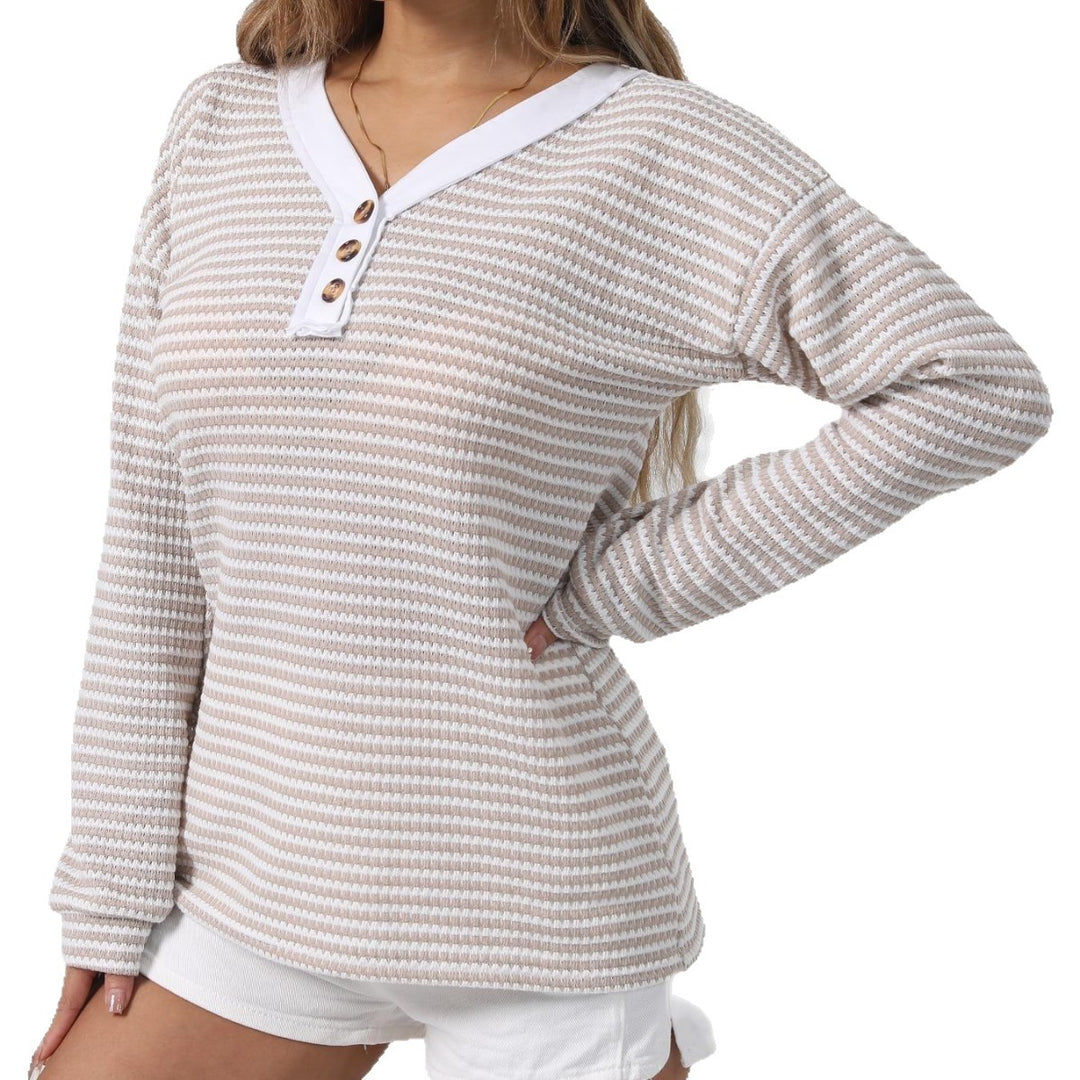 Damen lässiger Strickpullover mit schimmernden Streifen und kontrastierendem Kragen Drune