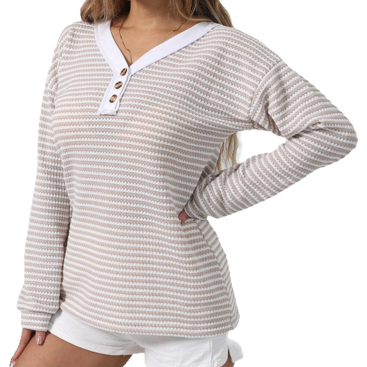 Damen lässiger Strickpullover mit schimmernden Streifen und kontrastierendem Kragen Drune