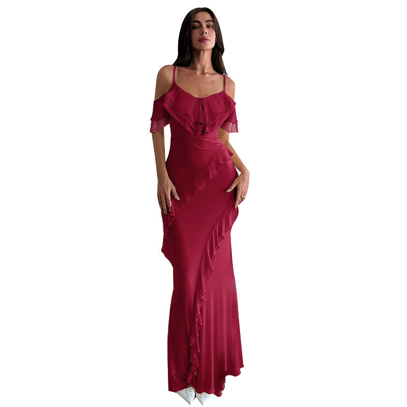 Damen elegantes Maxikleid mit asymmetrischem Rüschendesign Drune