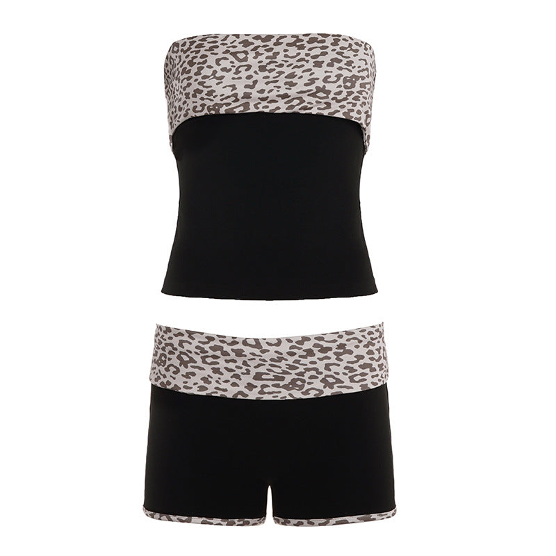 Damen Sportliches Crop-Top und Shorts-Set im modernen Leopardenmuster Drune