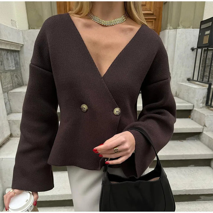 Damen Trendige Strickjacke mit asymmetrischem Schnitt und großen Knöpfen Drune