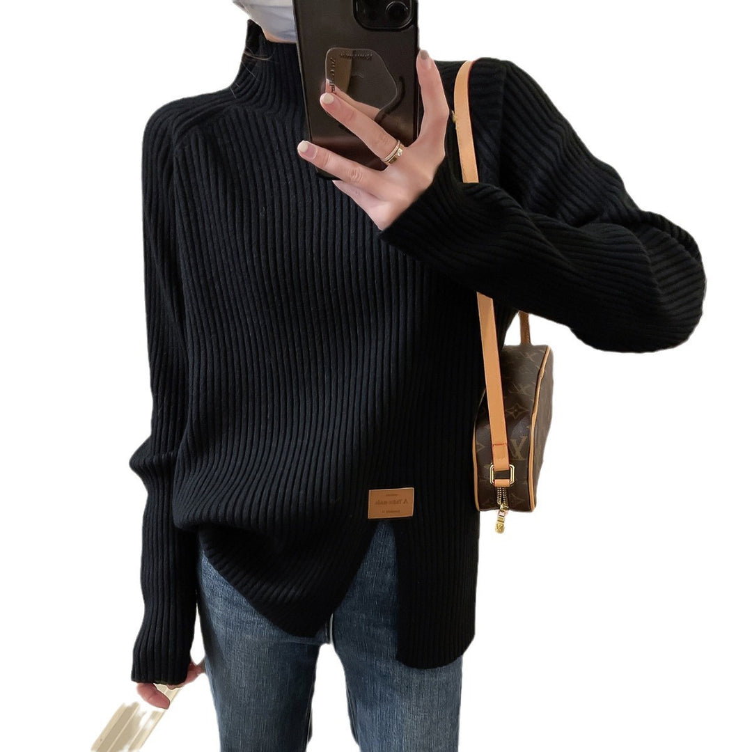 Damen Moderner Rippstrickpullover mit hohem Kragen und asymmetrischem Schnitt Drune