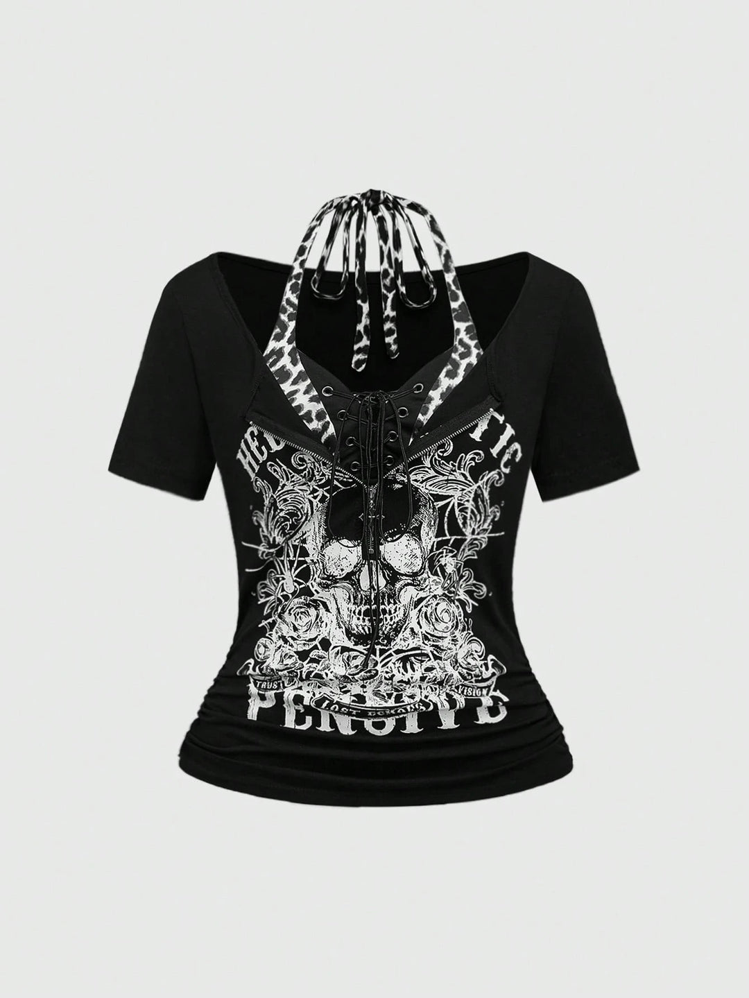Damen Trendy Crop-Top mit einzigartigem Grafikdruck und Schnürdetails Drune
