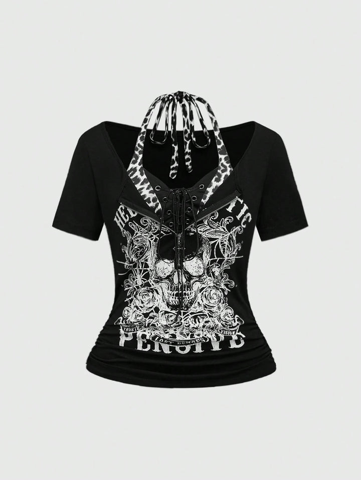 Damen Trendy Crop-Top mit einzigartigem Grafikdruck und Schnürdetails Drune