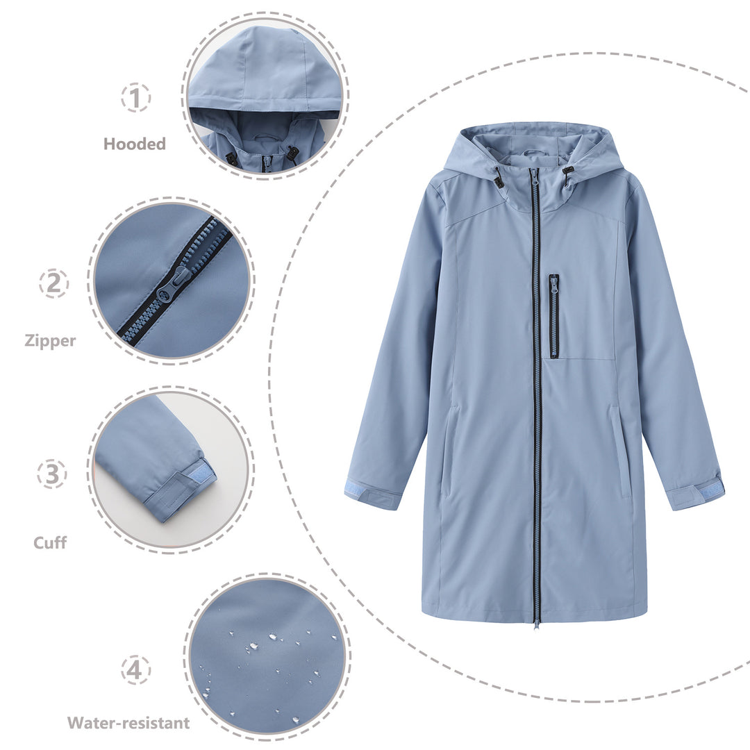 Damen nan lange schlanke Funktionsregenjacke mit durchgehendem Reißverschluss Brustreißverschlusstasche und Klettmanschetten Drune