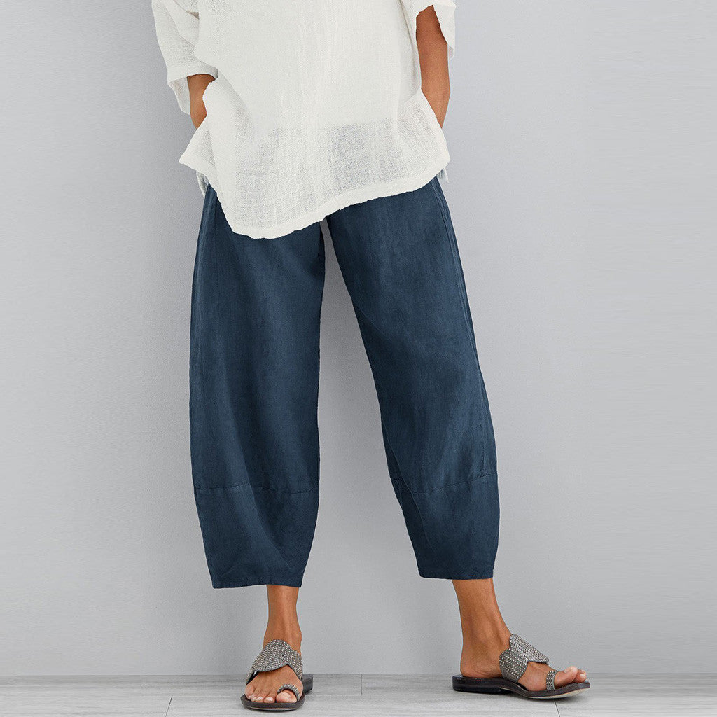 Damen nan weit geschnittene Leinenhose mit Tulpen-Saum und elastischem Bund Drune