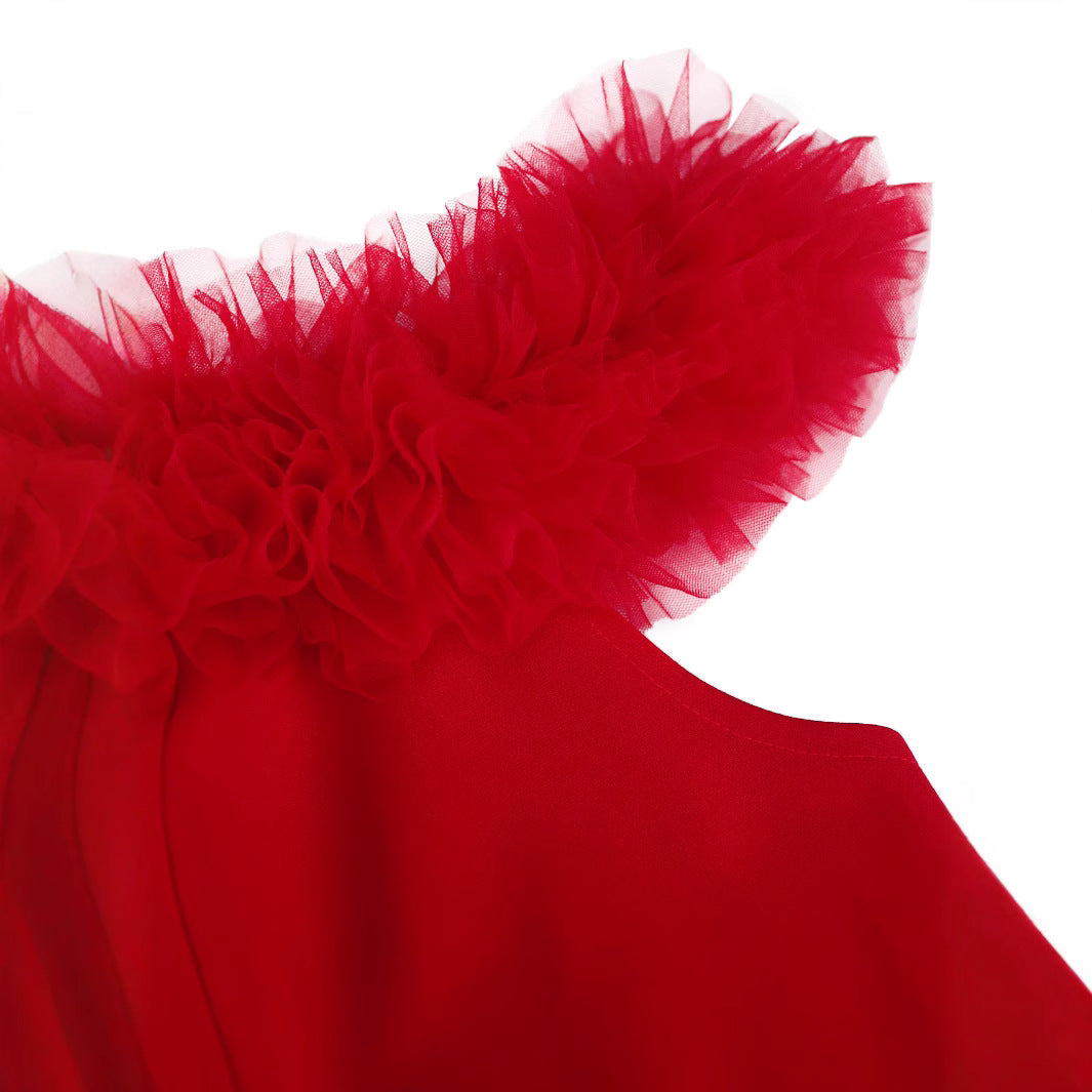 Damen glamouröses Abendkleid mit Rüschenrand und Glitzer-Gürtel Drune