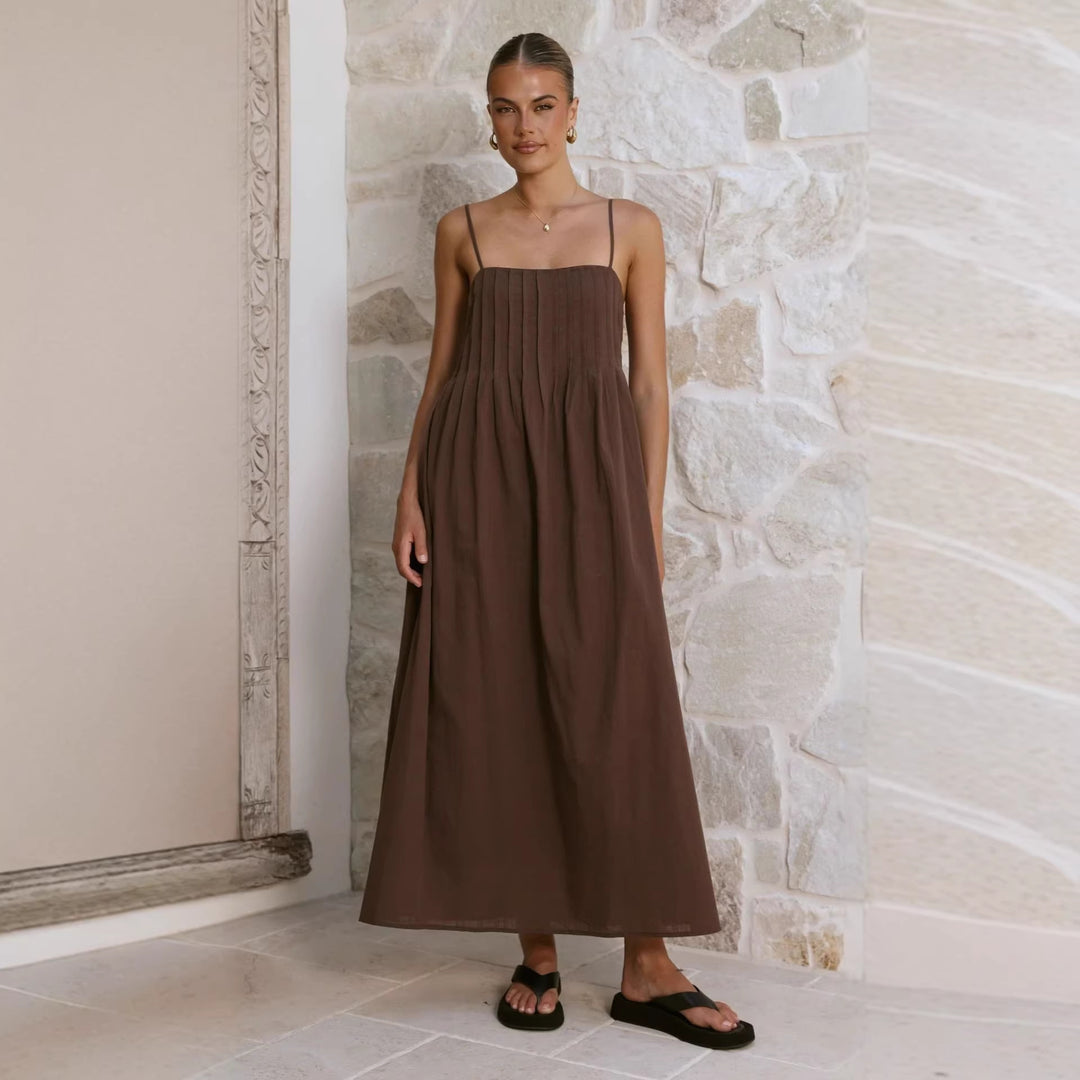 Damen Maxikleid mit gerafftem Oberteil und spaghettiträgern Drune